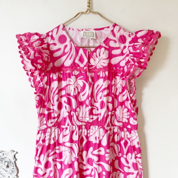 Sail to Sable Pink and White Ric Rac Tiered Ruffle Sleeve Midi Dress L - Picture 6 of 9